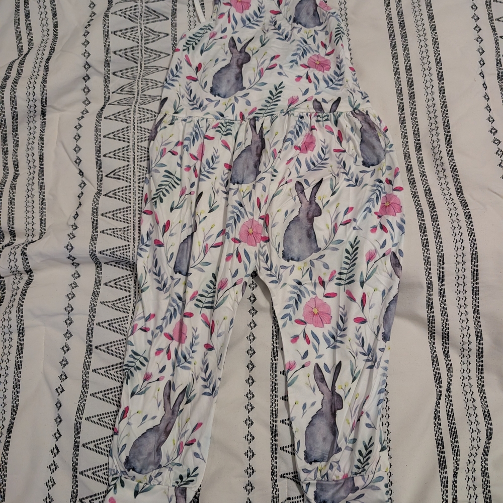 Girls Floral Bunny Print Jumpsuit - White with Pink & Gray